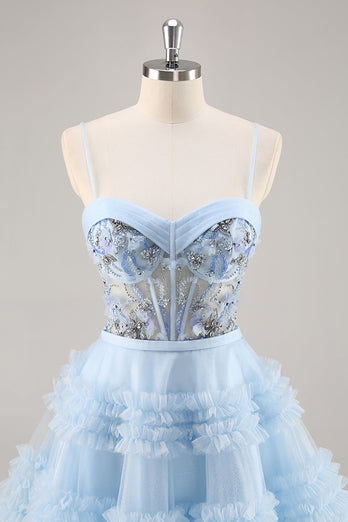 Sparkly Blue Corset Floral Ruffled Short Prom Dress with Beading