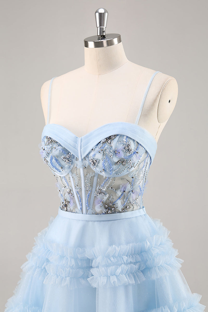 Load image into Gallery viewer, Sparkly Blue Corset Floral Ruffled Short Prom Dress with Beading