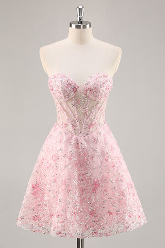 Sparkly Pink Corset Floral Sweetheart Short Prom Dress with Sequins