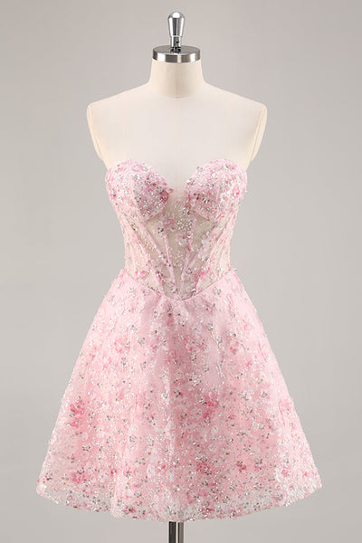 Sparkly Pink Corset Floral Sweetheart Short Prom Dress with Sequins