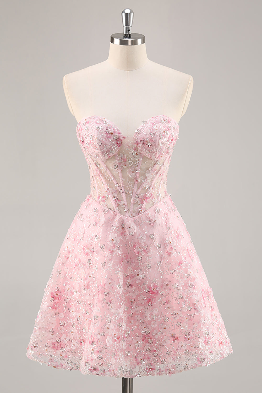 Sparkly Pink Corset Floral Sweetheart Short Prom Dress with Sequins
