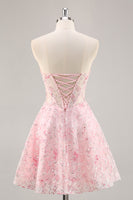 Load image into Gallery viewer, Sparkly Pink Corset Floral Sweetheart Short Prom Dress with Sequins