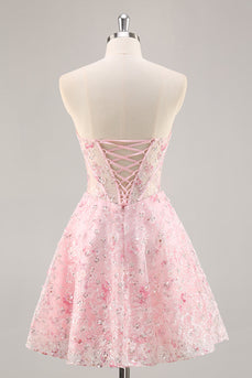 Sparkly Pink Corset Floral Sweetheart Short Prom Dress with Sequins