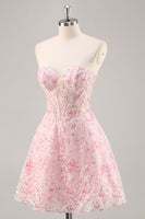 Load image into Gallery viewer, Sparkly Pink Corset Floral Sweetheart Short Prom Dress with Sequins