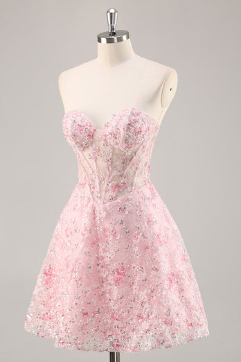 Sparkly Pink Corset Floral Sweetheart Short Prom Dress with Sequins
