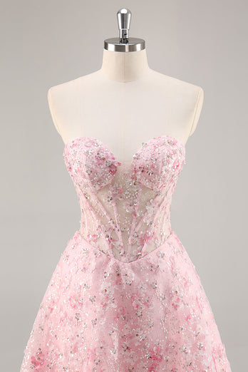 Sparkly Pink Corset Floral Sweetheart Short Prom Dress with Sequins