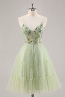 Load image into Gallery viewer, Green Floral Corset Tulle Short Prom Dress with Appliques