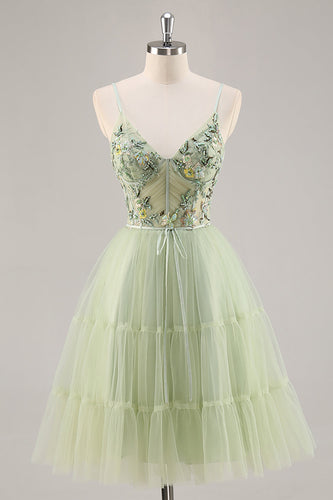 Green Floral Corset Tulle Short Prom Dress with Appliques