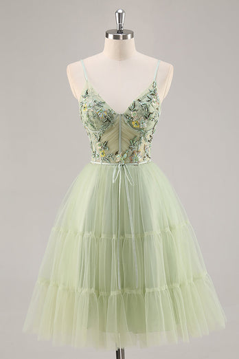 Green Floral Corset Tulle Short Prom Dress with Appliques