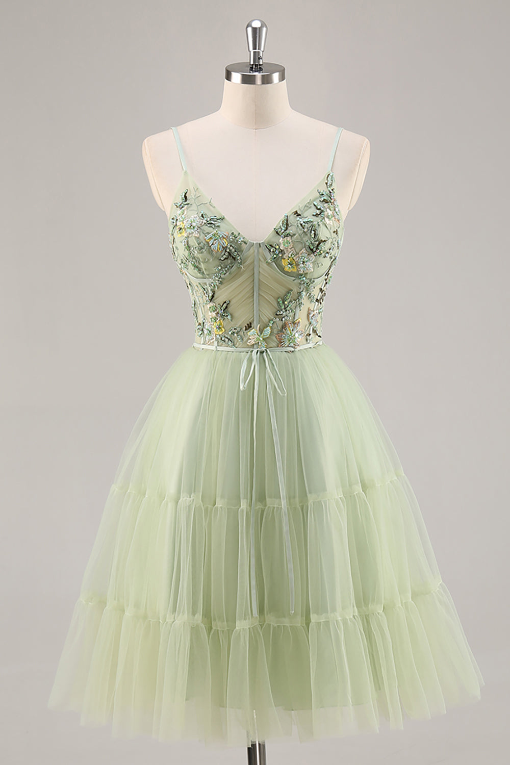 Green Floral Corset Tulle Short Prom Dress with Appliques