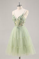 Load image into Gallery viewer, Green Floral Corset Tulle Short Prom Dress with Appliques