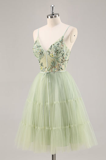 Green Floral Corset Tulle Short Prom Dress with Appliques