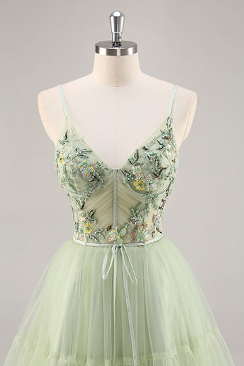 Green Floral Corset Tulle Short Prom Dress with Appliques