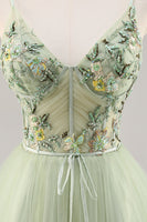 Load image into Gallery viewer, Green Floral Corset Tulle Short Prom Dress with Appliques