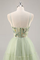 Load image into Gallery viewer, Green Floral Corset Tulle Short Prom Dress with Appliques