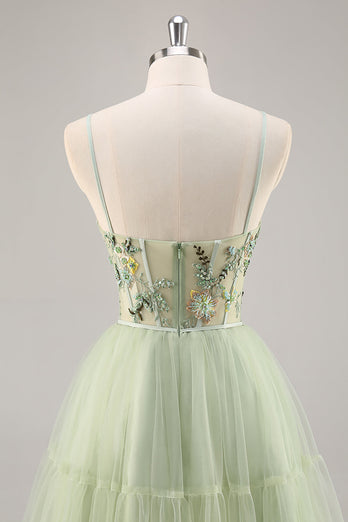 Green Floral Corset Tulle Short Prom Dress with Appliques