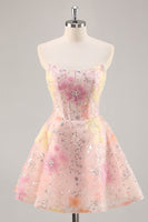 Load image into Gallery viewer, Sparkly Pink Corset Floral Strapless Short Prom Dress with Beading