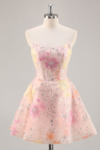 Sparkly Pink Corset Floral Strapless Short Prom Dress with Beading