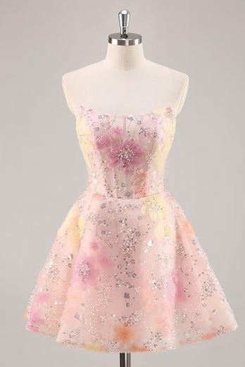 Sparkly Pink Corset Floral Strapless Short Prom Dress with Beading