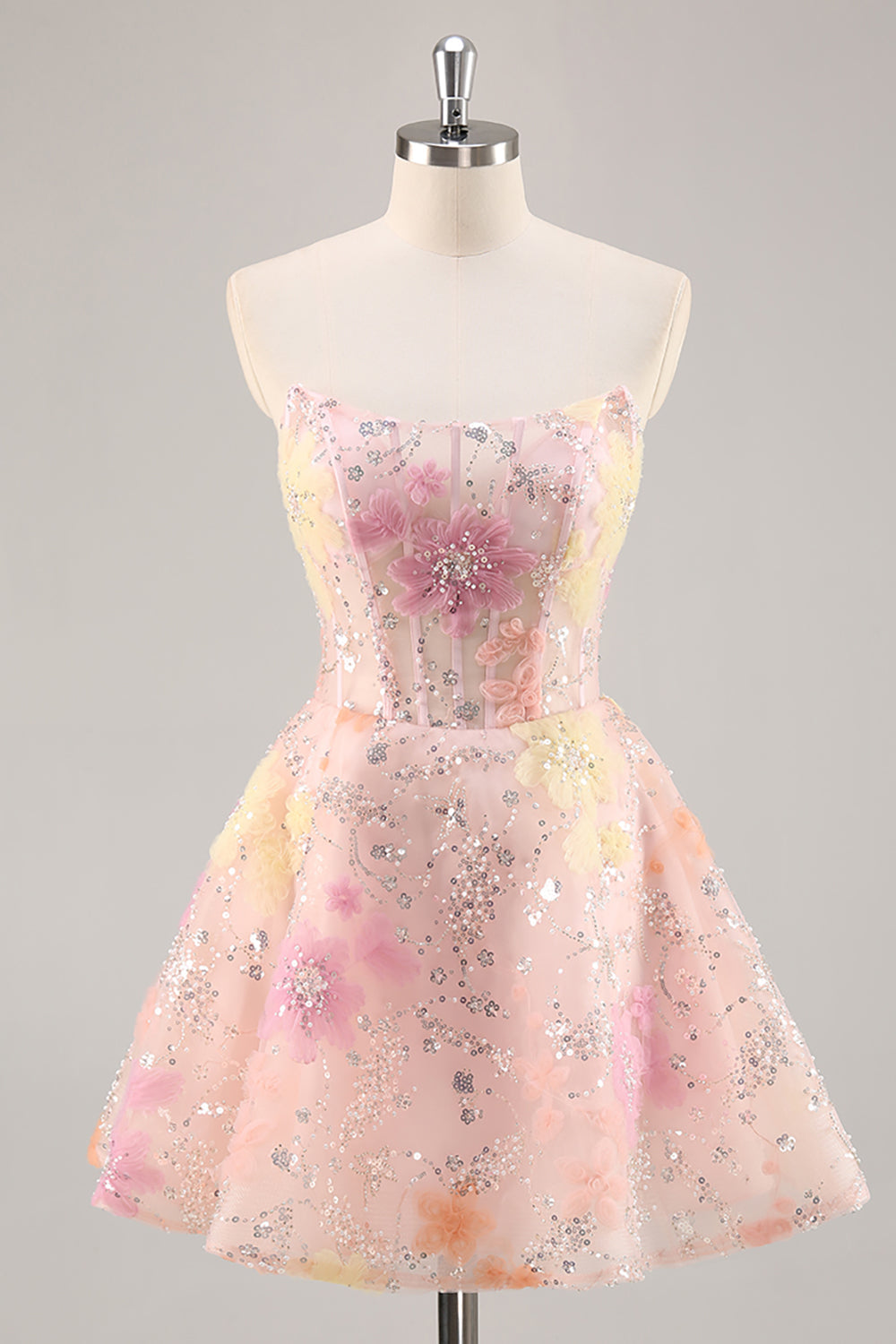 Sparkly Pink Corset Floral Strapless Short Prom Dress with Beading