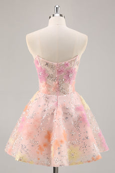 Sparkly Pink Corset Floral Strapless Short Prom Dress with Beading