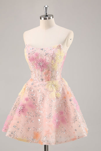 Sparkly Pink Corset Floral Strapless Short Prom Dress with Beading