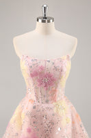 Load image into Gallery viewer, Sparkly Pink Corset Floral Strapless Short Prom Dress with Beading