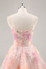 Load image into Gallery viewer, Sparkly Pink Corset Floral Strapless Short Prom Dress with Beading