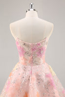 Load image into Gallery viewer, Sparkly Pink Corset Floral Strapless Short Prom Dress with Beading