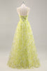 Load image into Gallery viewer, Yellow Green Floral Ruched Tulle Long Prom Dress with Keyhole