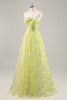 Load image into Gallery viewer, Yellow Green Floral Ruched Tulle Long Prom Dress with Keyhole