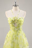Load image into Gallery viewer, Yellow Green Floral Ruched Tulle Long Prom Dress with Keyhole