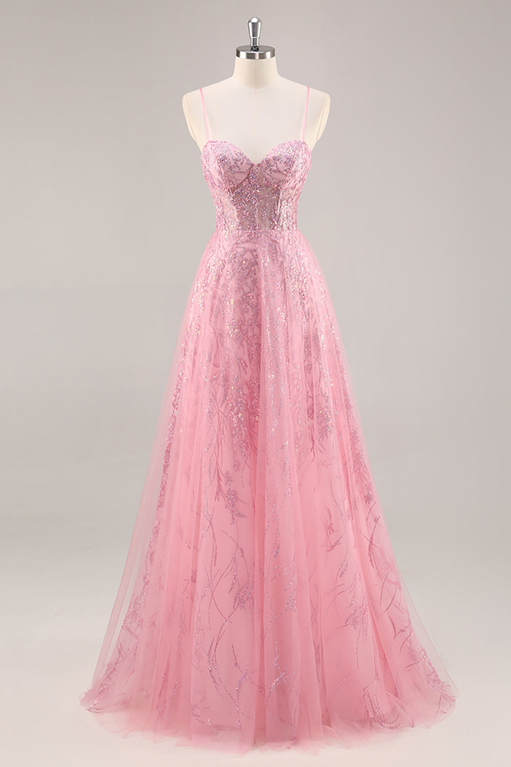 Women Sparkly Corset Long Pink Tulle Prom Dress Sequin Spaghetti Straps Tulle A Line Formal Dress
