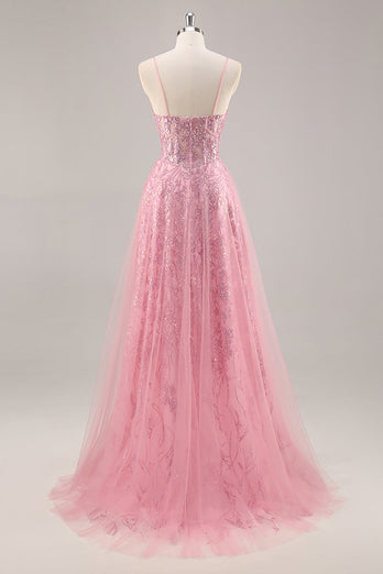 Sparkly Corset Spaghetti Straps Tulle Maxi Pink Prom Dress with Sequins
