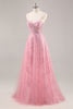 Load image into Gallery viewer, Sparkly Corset Spaghetti Straps Tulle Maxi Pink Prom Dress with Sequins