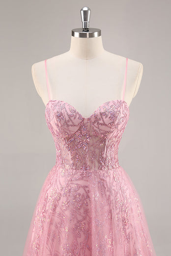 Sparkly Corset Spaghetti Straps Tulle Maxi Pink Prom Dress with Sequins