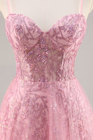 Load image into Gallery viewer, Sparkly Corset Spaghetti Straps Tulle Maxi Pink Prom Dress with Sequins