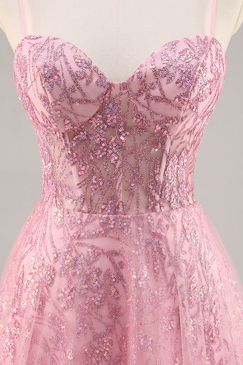 Sparkly Corset Spaghetti Straps Tulle Maxi Pink Prom Dress with Sequins