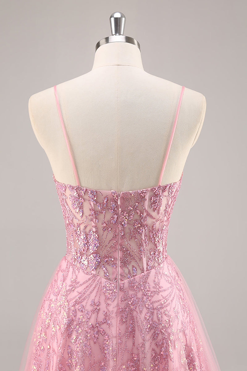 Load image into Gallery viewer, Sparkly Corset Spaghetti Straps Tulle Maxi Pink Prom Dress with Sequins