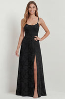 Load image into Gallery viewer, Dusty Blue Floral A Line Spaghetti Straps Long Formal Dress with Slit