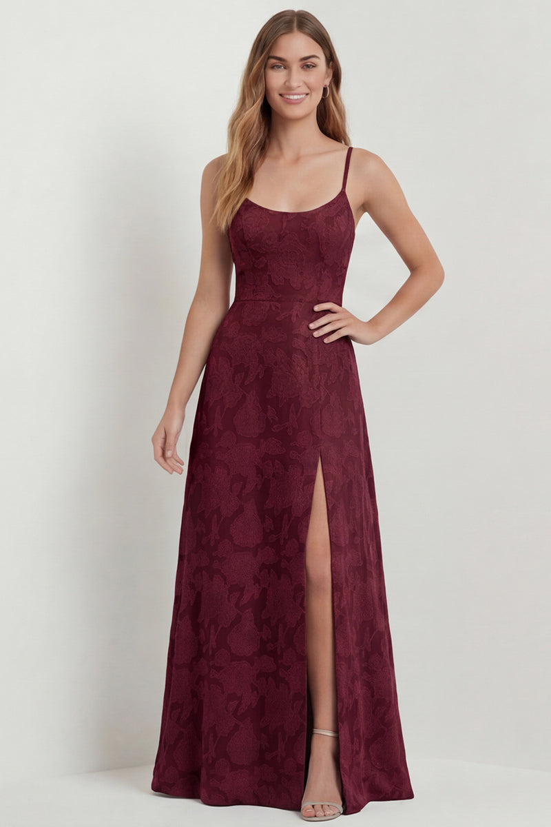 Load image into Gallery viewer, Dusty Blue Floral A Line Spaghetti Straps Long Formal Dress with Slit