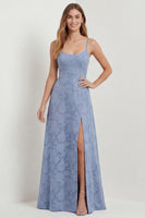 Load image into Gallery viewer, Dusty Blue Floral A Line Spaghetti Straps Long Formal Dress with Slit