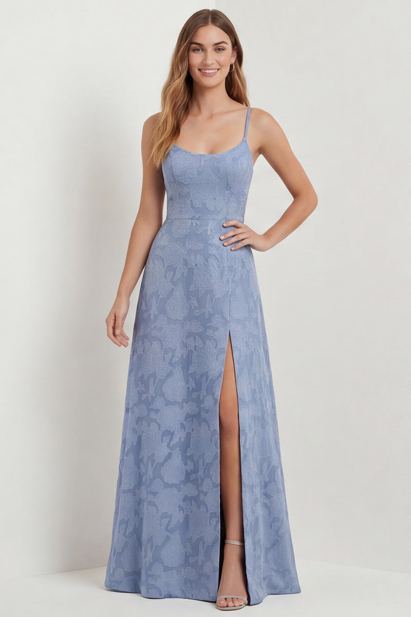 Load image into Gallery viewer, Dusty Blue Floral A Line Spaghetti Straps Long Formal Dress with Slit