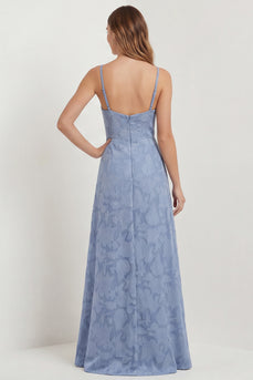 Dusty Blue Floral A Line Spaghetti Straps Long Formal Dress with Slit