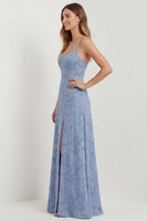 Load image into Gallery viewer, Dusty Blue Floral A Line Spaghetti Straps Long Formal Dress with Slit