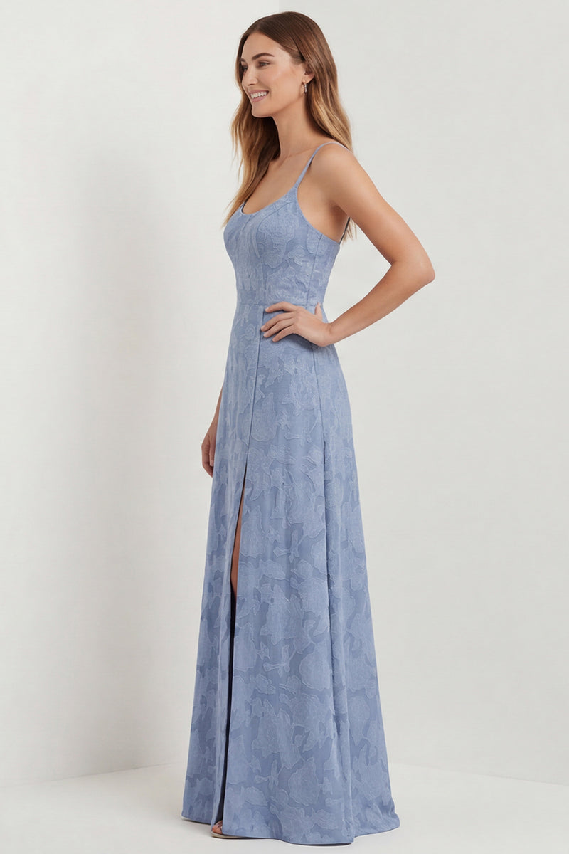 Load image into Gallery viewer, Dusty Blue Floral A Line Spaghetti Straps Long Formal Dress with Slit