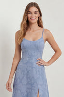 Load image into Gallery viewer, Dusty Blue Floral A Line Spaghetti Straps Long Formal Dress with Slit
