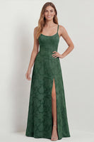 Load image into Gallery viewer, Dusty Blue Floral A Line Spaghetti Straps Long Formal Dress with Slit