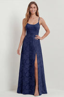 Load image into Gallery viewer, Dusty Blue Floral A Line Spaghetti Straps Long Formal Dress with Slit