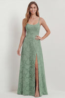 Load image into Gallery viewer, Dusty Blue Floral A Line Spaghetti Straps Long Formal Dress with Slit